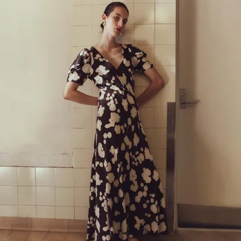 100 % İpek Kadın Çiçek Baskılı V Yaka Önyargı Kesim Kısa Kollu Maxi Elbise