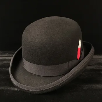 100 % Yün kadın erkek Siyah Derby Şapka Melon Keçe Şapkalar Steampunk 4 Boyutu S M L XL
