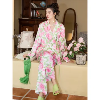 2 Parça Set Çiçek Baskı Kimono Kadın Pijama Seti Saten Uzun Kollu Pantolon Takım Elbise Moda 2023 Vintage Pijama Pj Ev Giysileri