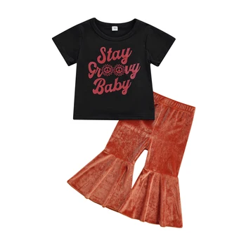 2022 0 - 4Y Çocuklar Bebek Kız Giyim Kalmak Bebek Mektubu Baskı Yuvarlak Boyun kısa kollu tişört + Kadife Flare Pantolon Tatlı Yaz 2 adet