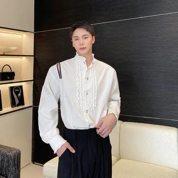 2023 Bahar Kore tarzı Vintage pilili dantel tasarım gömlek erkekler rahat gevşek mahkemesi standı yaka gömlek M-XL