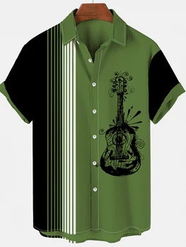 2023 Kısa Kollu Gömlek erkekler için Tee Tops Harajuku Gitar Baskı V Yaka Büyük Boy Gömlek 5xl Erkek Rahat Çizgili Tatil Giysileri