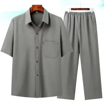 2023 Yaz Kıyafet Erkek Seti Giyim erkek Gevşek Rahat İnce İpek Pamuklu Takım Elbise Kısa kollu Gömlek + Pantolon 2 parçalı Set Erkek