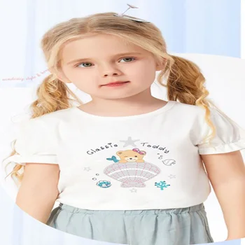 2023 Yaz Yeni Kız kısa kollu t-shirt yaz elbisesi Pamuk Kız çocuk giyim çocuk Üst Bebek Giyim Karikatür