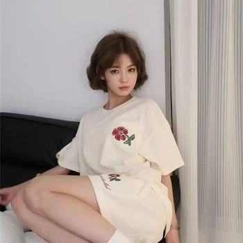 2023 yaz yeni örgü pijama kadın yuvarlak boyun kazak kısa kollu şort güzel çiçekler Japon kız günlük giysi M-XXL