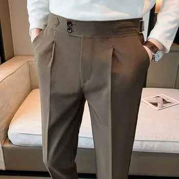 2023 Yeni İngiliz Tarzı Katı Yüksek Bel Dökümlü Pantolon Kore Erkekler Resmi Blazer Pantolon İnce İş günlük giysi Pantolon Hommes