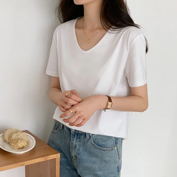 2023 Yeni Yaz V Yaka kadın beyaz kısa kollu t-shirt Rahat Gevşek Dip Moda Kore Gömlek Temel Üstleri Kadın