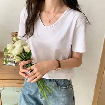 2023 Yeni Yaz V Yaka kadın beyaz kısa kollu t-shirt Rahat Gevşek Dip Moda Kore Gömlek Temel Üstleri Kadın 1
