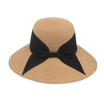 2023 Yeni Yaz Şapka kadın Moda Basit Büyük Yay Büyük Saçak Güneşlik Şapka Kore Baskı Plaj Tatil Hasır Şapka plaj şapkası