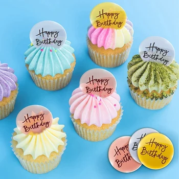 24 Adet Akrilik Kek Toppers Mutlu Doğum Günü Ayna Kek Disk Mini Yuvarlak Kazınmış Kek Topper DIY Kek Dekorasyon 2