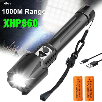 36 Çekirdek 1000 M uzun menzilli XHP360 LED el feneri büyük Lens güçlü ışık şarj edilebilir Zoom XHP160 flaş ışıklı fener Lanterna lamba