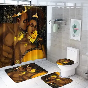 Afrika Amerikan Duş perde seti Romantik Çift Siyah Kraliçe Lüks GoldCrown Mandala Çiçek Banyo Dekor Kaymaz Banyo Paspas