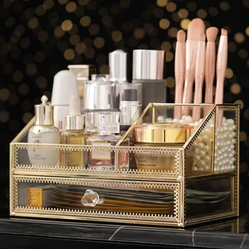Altın Cam Kozmetik saklama kutusu Makyaj Organizatör Parfüm Banyo Makyaj Araçları Kutusu Pamuk Pedleri Takı vitrin rafı