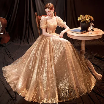 Altın Parti Elbiseler Kadın gece elbisesi Kısa Puf Kollu Pileli Pırıltılı Dantel Lüks Vestidos De Fiesta Örgün Balo