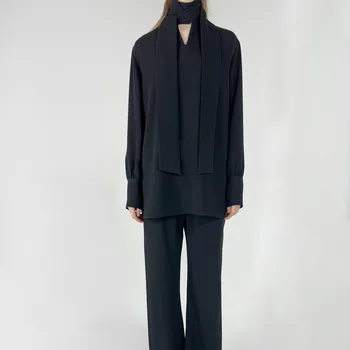 Asetik asit bağcıklı zarif gevşek uzun siyah uzun kollu kadın gömlek klasik siyah gömlek