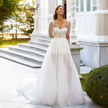 Ashley Carol A-Line düğün elbisesi 2022 Narin Polka Dot Tül Uzun Kollu Dantel Aplikler Gelin Lace Up Mini gelin kıyafeti