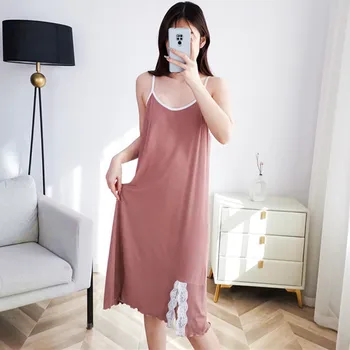 Askıya Elbise Kadınlar İçin Bahar Yaz Gecelikler Yeni Dantel İç Giyim Modal Gecelik Düz Renk İnce Seksi Gecelik Kadın
