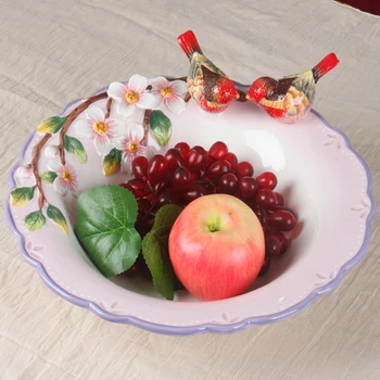 Avrupa seramik meyve kase Çin 3D çiçek ve kuş meyve tutucu sehpa şeker aperatif tatlı tabağı ev dekorasyon plaka