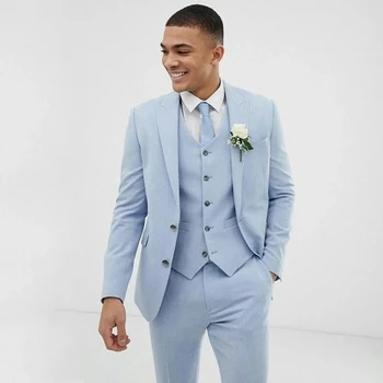 Açık Mavi Düğün Erkek Takım Elbise Slim Fit Damat Giyim Smokin Ceket Akşam Yemeği Takım Elbise 3 Adet (Ceket + Pantolon + Yelek)