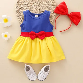 Bebek Kız Elbise yaz giysileri 2023 Kıyafetler Kolsuz Yuvarlak Boyun Renk Bloğu Elbise Yay Bandı 2 adet Giysi Seti Bebek Giyim