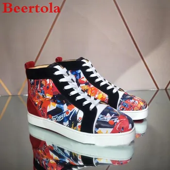 Beertola Yeni Flats Ayakkabı Erkekler Patent Deri Karışık Renk Graffiti Lüks Yüksek Top günlük erkek ayakkabısı Patchwork Serin Erkek Chaussures