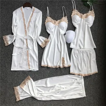 Beyaz Dantel Trim Pijama Takım Elbise Kadın Saten 5 ADET Pijama İlkbahar Yaz Uyku Seti Femme V Yaka Pijama Seti Rahat Ev Giysileri