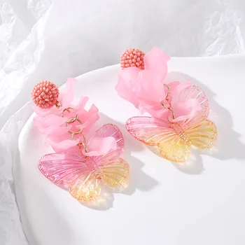 Bohemia Pembe Kademeli Reçine Kelebek Çiçek Dangle Küpe kore modası Hediye Kadınlar İçin Trendy Akrilik Damla Küpe Takı