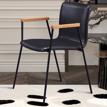 Deri Kol Dayama Yemek Sandalyesi Modern Su Geçirmez Balıkçılık Geri Yemek Sandalyesi Metal Siyah Ofis Balkon Cadeira Ev Eşyaları