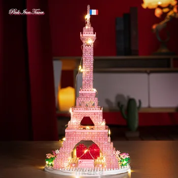 Dünyaca ünlü mimari yapı Taşları ile ışık şehir pembe Paris eyfel Kulesi modeli elmas blok oyuncaklar kız çocuklar için hediye