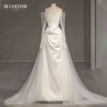 Düğün elbisesi Boho 2 İn 1 Mermaid Gelin Kıyafeti 2023 Vintage Saten Mahkemesi Tren Prenses BECHOYER B399 Artı Boyutu Vestido de Noiva
