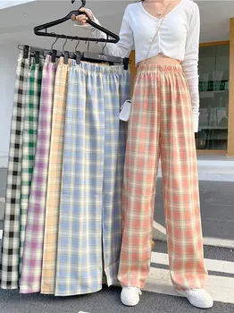 Ekose Geniş Bacak Pantolon Kadın 2023 Yaz Rahat Yüksek Bel Y2k Streetwear Kore Moda Vintage Lolita Pantolon