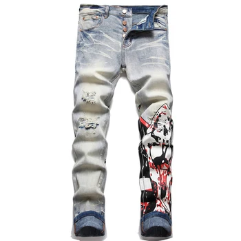 Erkek Yüksek Sokak Yırtık Kot Pantolon Moda Streetwear Harajuku Hip Hop Baskılı Denim Pantolon Düz Fit Boyalı Dipleri