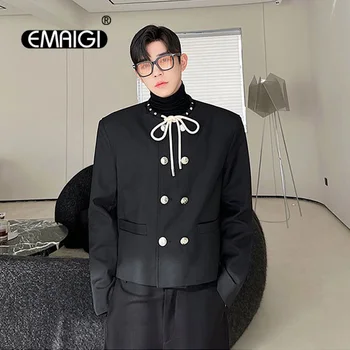 Erkekler Kruvaze İpli Yaka Gevşek Rahat Moda Kısa Ceket Erkek Kore Streetwear Vintage Ceket Adam Bahar Sonbahar