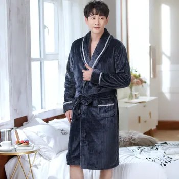 Erkekler Rahat Kimono Bornoz Sonbahar Kış Pazen Uzun Elbise Kalınlaşmak Sıcak Yumuşak Pijama Gecelik Erkek Rahat Ev Giyim bornoz