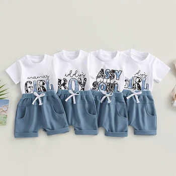 FOCUSNORM 0-3Y Bebek Bebek Erkek Yaz günlük kıyafetler Setleri 2 adet Mektup Leopar Baskı Kısa Kollu T Shirt + Katı Elastik Şort