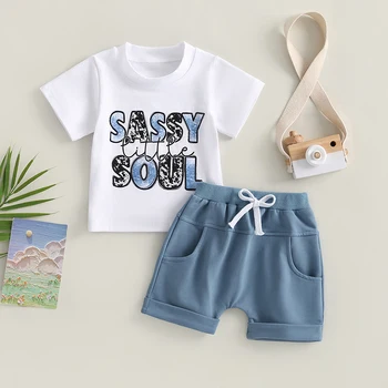 FOCUSNORM 0-3Y Bebek Bebek Erkek Yaz günlük kıyafetler Setleri 2 adet Mektup Leopar Baskı Kısa Kollu T Shirt + Katı Elastik Şort 1