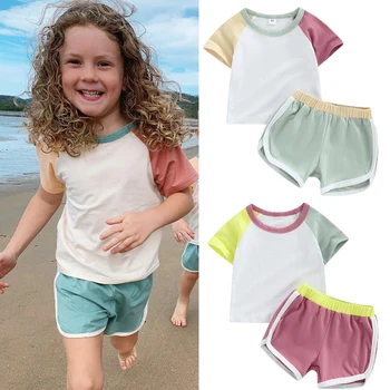 FOCUSNORM 0-3Y Yaz Bebek Erkek Kız Giyim Setleri 2 adet Renk Patchwork Kısa Kollu T Shirt + Elastik Şort