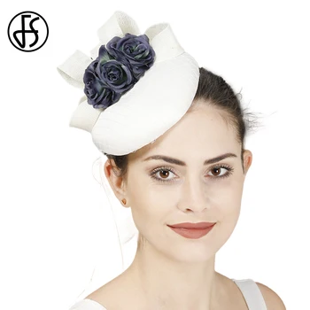 FS 2023 Zarif Kilise Düğün Şık Beyaz Şapkalar Kadınlar İçin Fascinator Klasik Lacivert Headdress Bayanlar At Yarışı Festivali Kap