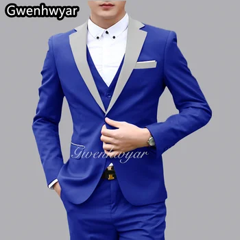 Gwenhwyar Kostüm Homme İtalyan Iş Slim Fit 3 Adet Kraliyet Mavi erkek Takım Elbise Damat Balo Smokin Groomsmen Blazer Düğün İçin
