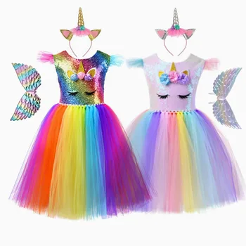 Gökkuşağı Sequins Unicon Prenses Elbise Cosplay Bebek Kız doğum günü partisi elbisesi Kostüm Çocuk Yaz Tutu Elbise 2-10 T Giysi