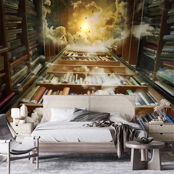 Gölgelik kitaplık, kütüphane, güneş ışığı, bulutlar, kuşlar, 3D özelleştirilmiş yatak odası, oturma odası, kanepe, TV arka plan duvar resmi, duvar kağıdı 1