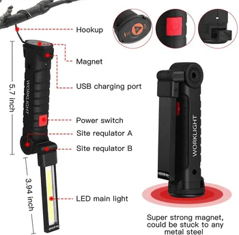 Güçlü manyetik 360 ° el feneri beyaz kırmızı ışık çalışma lambası Cob katlanır fener USB şarj meşale açık acil kamp için 5