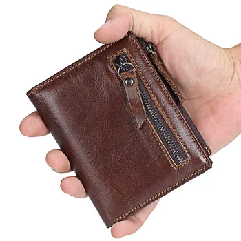 Hakiki Deri Cüzdan Erkekler İçin Siyah Para Çantalar Fermuar Kısa Küçük kart tutucu bozuk para cüzdanı Büyük Kapasiteli Yeni Cüzdan