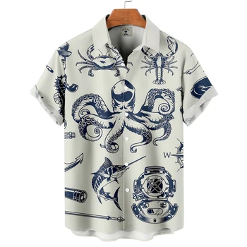 Hawaii Casual Yaka Gömlek Yaz Kısa Kollu erkek gömleği Eğlenceli Ahtapot Baskı Günlük Sıralama Moda Harajuku Gömlek Bluz