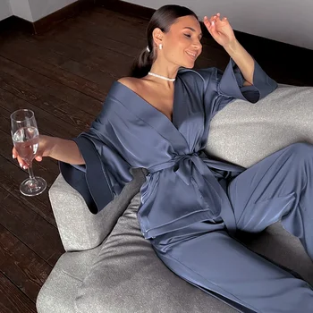 HECHAN Katı Kadın Elbiseler Sashes İle 2 Parça Set Bilek Uyku Üstleri Saten Pantolon Gevşek Pijama Rahat Pijama Kadın Ev Takım Elbise