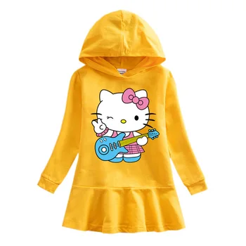 Hello Kitty Sevimli Karikatür Baskılı Bebek Fırfır Elbise çocuk Takım Elbise Saf pamuk kapüşonlu Kazak Elbise Rahat Kız Çocuk Etek