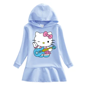 Hello Kitty Sevimli Karikatür Baskılı Bebek Fırfır Elbise çocuk Takım Elbise Saf pamuk kapüşonlu Kazak Elbise Rahat Kız Çocuk Etek 1