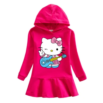 Hello Kitty Sevimli Karikatür Baskılı Bebek Fırfır Elbise çocuk Takım Elbise Saf pamuk kapüşonlu Kazak Elbise Rahat Kız Çocuk Etek 2