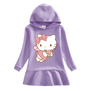 Hello Kitty Sevimli Karikatür Baskılı Bebek Fırfır Elbise çocuk Takım Elbise Saf pamuk kapüşonlu Kazak Elbise Rahat Kız Çocuk Etek 4