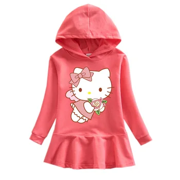 Hello Kitty Sevimli Karikatür Baskılı Bebek Fırfır Elbise çocuk Takım Elbise Saf pamuk kapüşonlu Kazak Elbise Rahat Kız Çocuk Etek 5